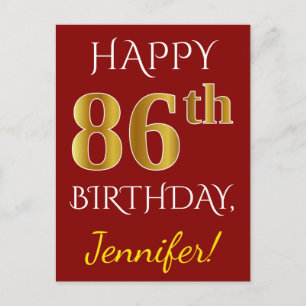 Carte Postale Rouge, Faux Gold 86e anniversaire + Nom personnali