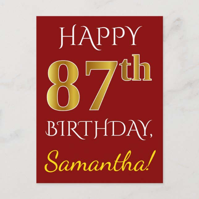 Carte Postale Rouge, Faux Gold 87e anniversaire + Nom personnali (Devant)