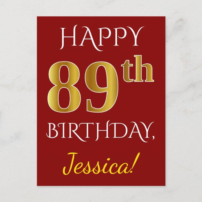 Carte Postale Rouge, Faux Gold 89e anniversaire + Nom personnali (Devant)