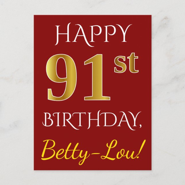 Carte Postale Rouge, Faux Gold 91e anniversaire + Nom personnali (Devant)