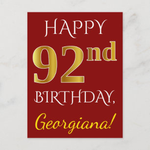 Carte Postale Rouge, Faux Gold 92e anniversaire + Nom personnali