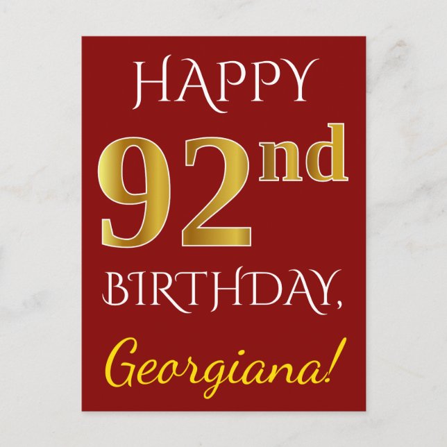 Carte Postale Rouge, Faux Gold 92e anniversaire + Nom personnali (Devant)