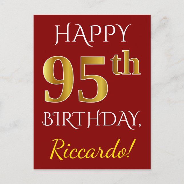 Carte Postale Rouge, Faux Gold 95e anniversaire + Nom personnali (Devant)