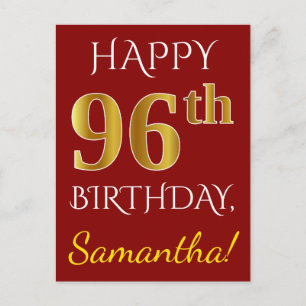 Carte Postale Rouge, Faux Gold 96e anniversaire + Nom personnali