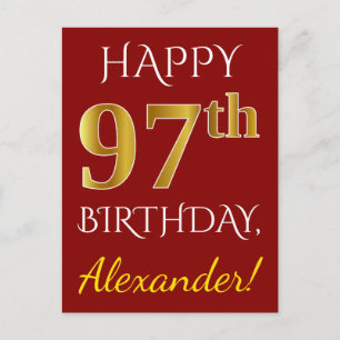 Carte Postale Rouge, Faux Gold 97e anniversaire + Nom personnali