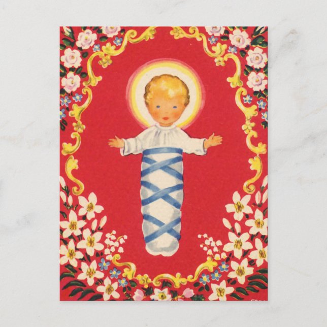Carte Postale Rouge Floral Bébé Jésus (Devant)
