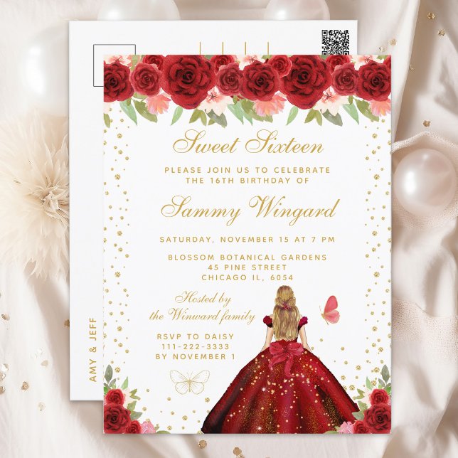 Carte Postale Rouge Floral Cheveux Blonds Princesse Sweet Seize (Créateur téléchargé)