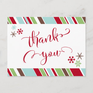 Carte Postale Rouge Merci, Flocons de Neige & Bandes Diagonales