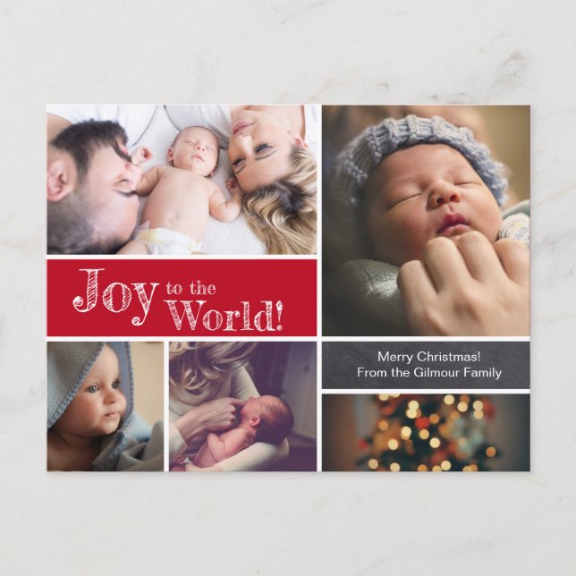 Carte Postale ROUGE Noël faire-part de naissance bébé Merci (Devant)
