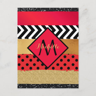 Carte Postale Rouge Noir Or Paillettes Coup de Pinceau Monogramm