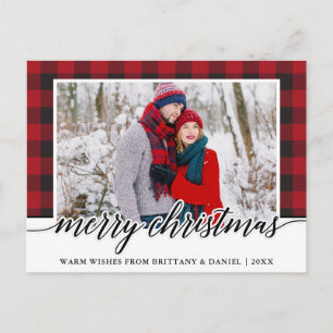 Carte Postale Rouge Plaid Calligraphy Couple Joyeux Noël