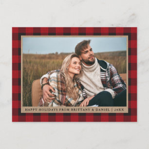 Carte Postale Rouge Plaid Kraft Couple Photo Joyeuses Fêtes