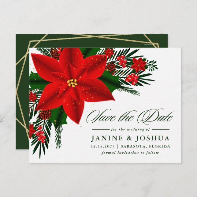 Carte Postale Rouge Poinsettia Pine Verdure Mariage Enregistrer  (Devant / Derrière)