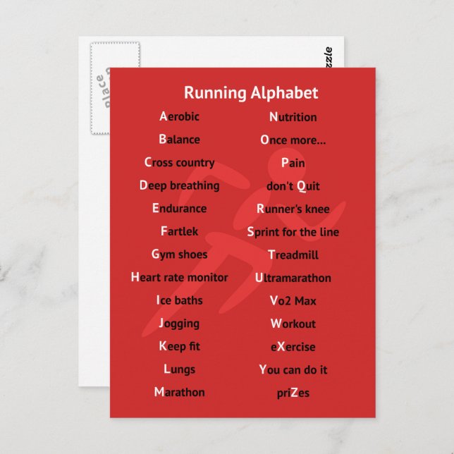 Carte postale rouge pour les coureurs Alphabet (Devant / Derrière)