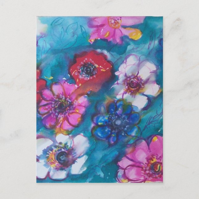 CARTE POSTALE ROUGE ROUGE BLANC FLEURS COLORÉES EN BLEU (Devant)