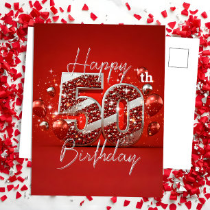 Carte Postale Rouge scintillant et Argent 50e Anniversaire