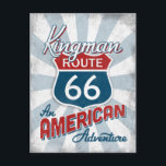Carte Postale Route 66 Amérique Vintage Arizona<br><div class="desc">Cette vintage route 66 Kingman Arizona conception de voyage comprend la route 66 panneau avec une aventure américaine en bas. En rouge rétro blanc et bleu.</div>