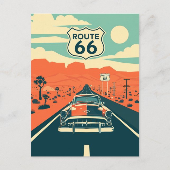 Carte Postale Route 66 Conception contrastée avec voiture classi (Devant)