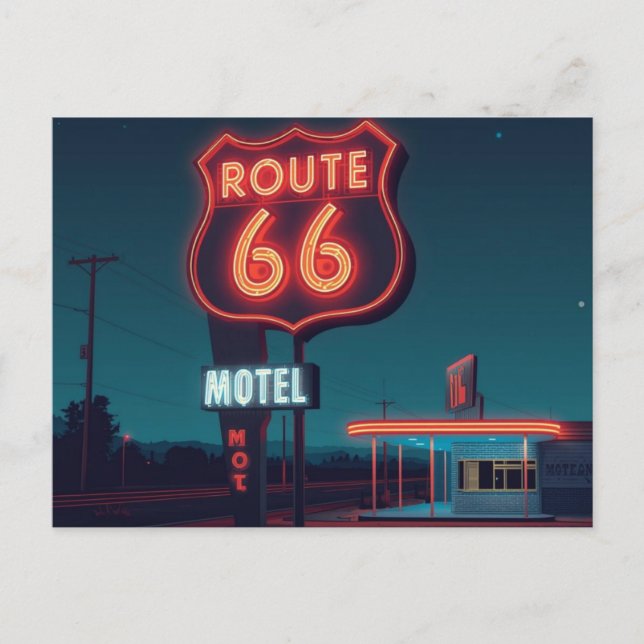Carte Postale Route 66 Neon Motel Night Travel Art (Devant)