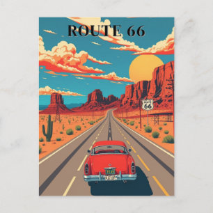 Carte Postale Route 66 Red Car Desert Drive Vintage