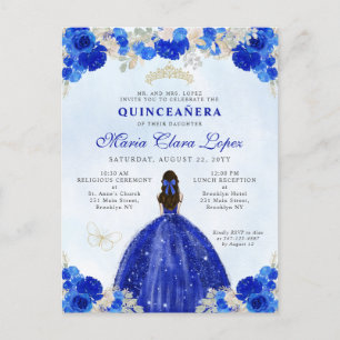 Carte Postale Royal Blue Gold Floral Princesse Quinceañera