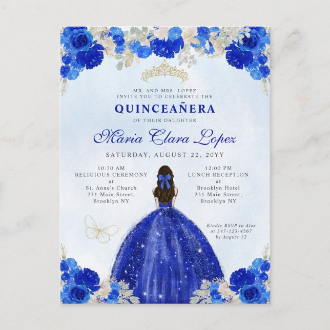 Carte Postale Royal Blue Gold Floral Princesse Quinceañera (Devant)