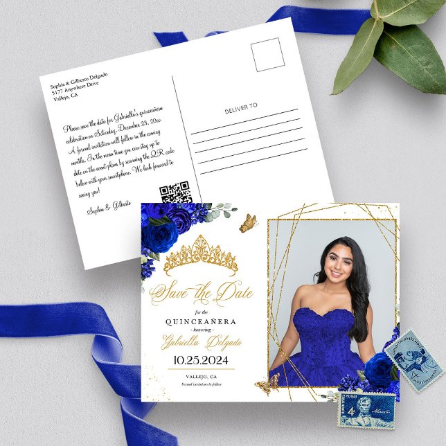 Carte Postale Royal Blue & Gold Tiara Quinceañera Photo (Créateur téléchargé)