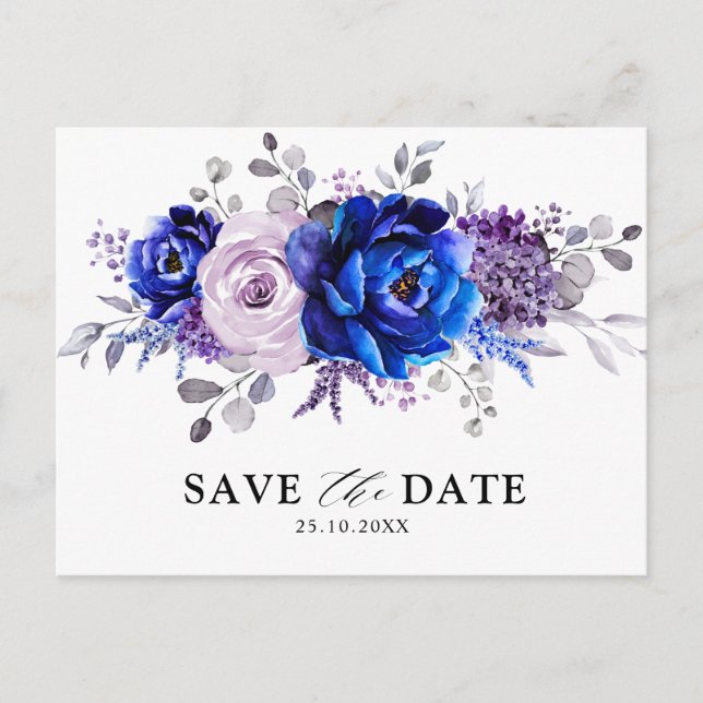 Carte Postale Royal Blue Lilac Purple Floral Enregistrer la date (Devant)
