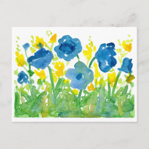 Carte Postale Royal Blue Poppies Yellow Wildflowers Watercolor