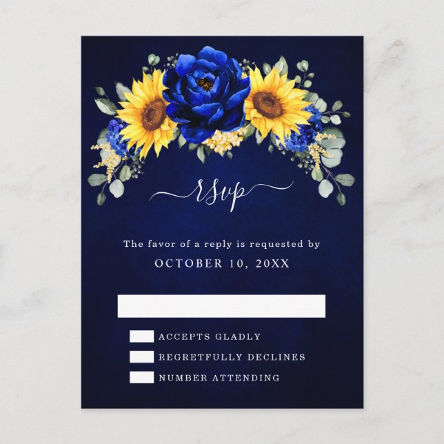 Carte Postale Royal Blue Rustic Tournesol Floral moderne RSVP Po (Devant)