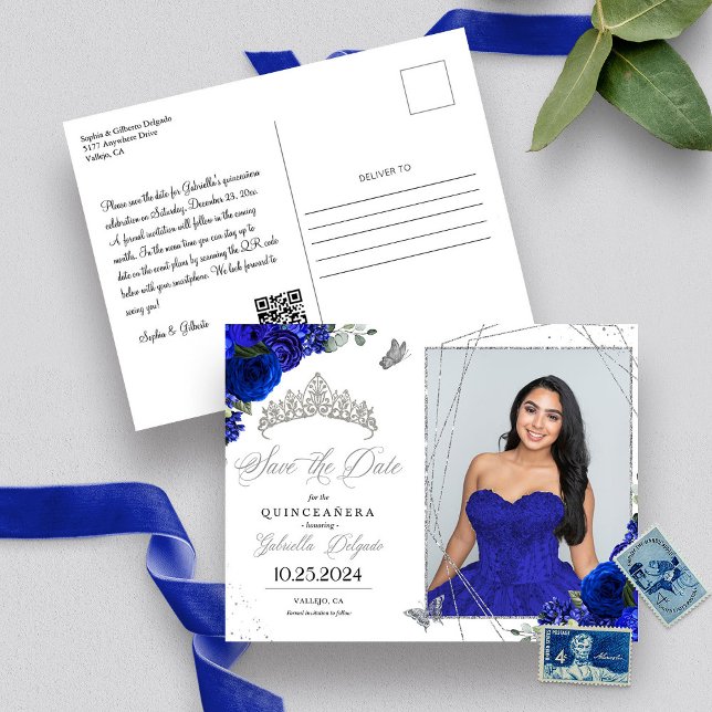Carte Postale Royal Blue & Silver Tiara Quinceañera Photo (Créateur téléchargé)