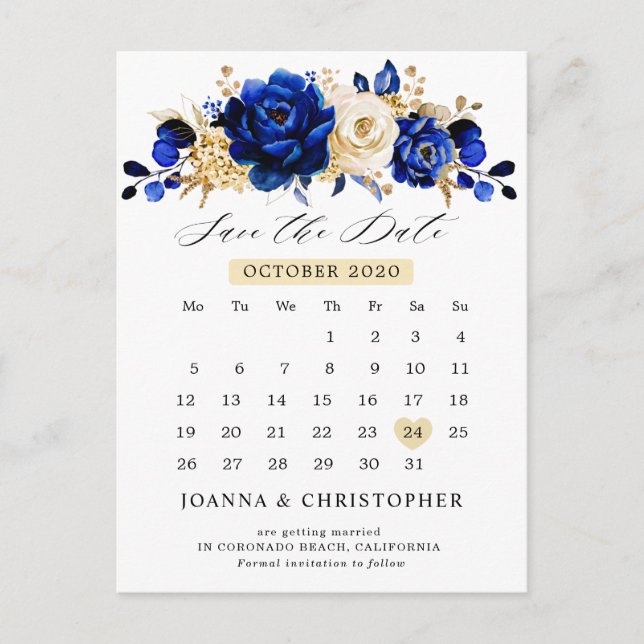 Carte Postale Royal Blue Yellow Gold Calendrier Enregistrer la d (Devant)