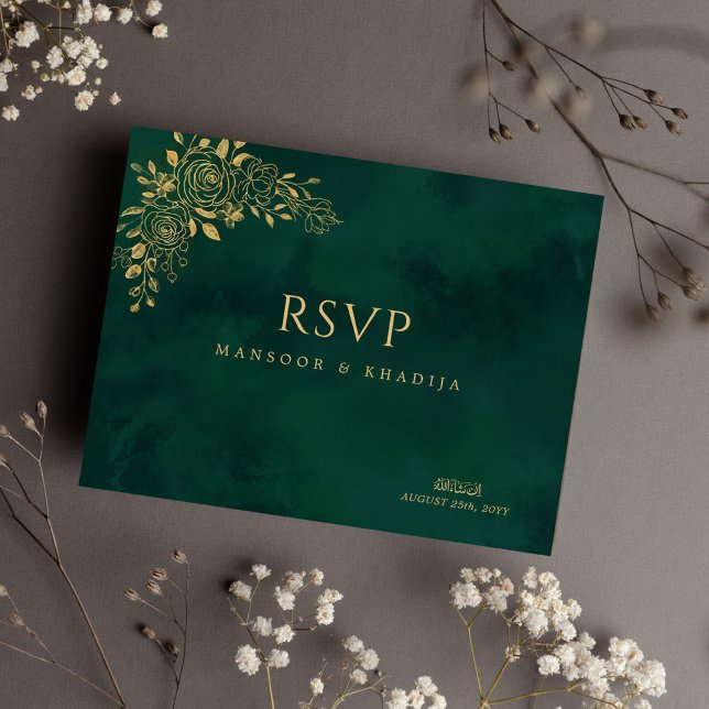 Carte Postale Royal Emerald Green Gold Floral Wedding RSVP (Créateur téléchargé)