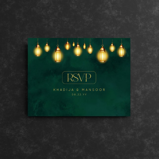 Carte Postale Royal Emerald Green Golden Lights Wedding RSVP (Créateur téléchargé)