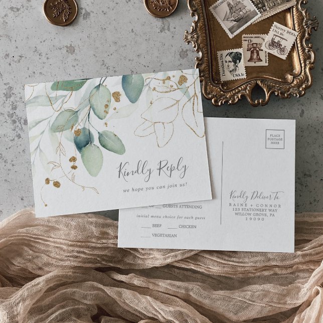 Carte postale RSVP Airy Greenery and Gold Menu Cho (Créateur téléchargé)