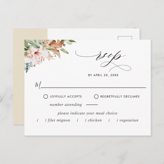 Carte Postale RSVP avec/sans repas, Fleurs terreuses Florales be (Devant / Derrière)