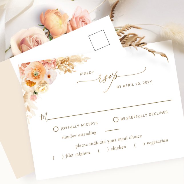 Carte Postale RSVP avec/sans Repas, Pêche et Crème, Or (Créateur téléchargé)