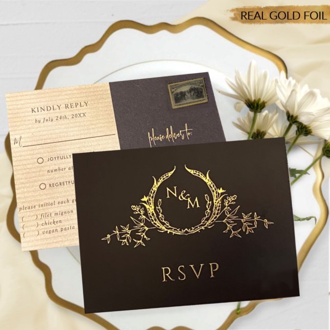 Carte postale RSVP Black and Real Gold Foil Weddin (Créateur téléchargé)