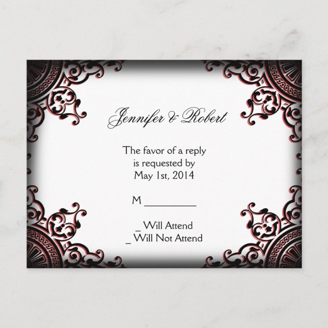 Carte postale RSVP Black and Red Gothic Scroll Wed (Devant)