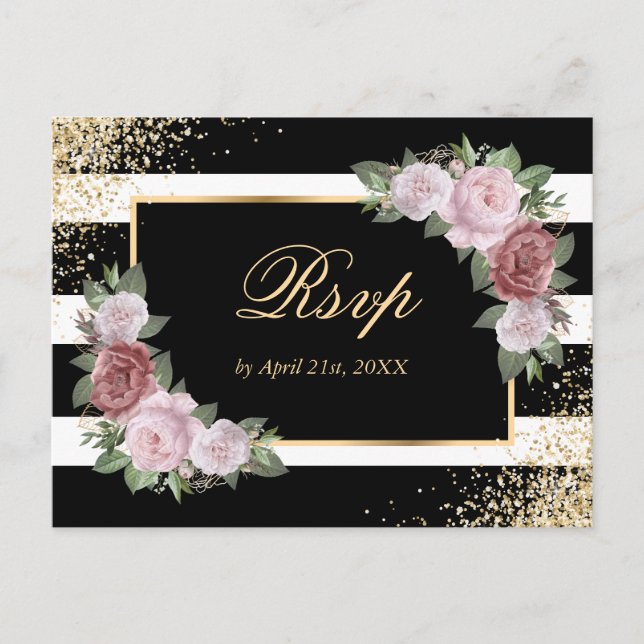 Carte postale RSVP Black Gold Blush Floral Wedding (Devant)