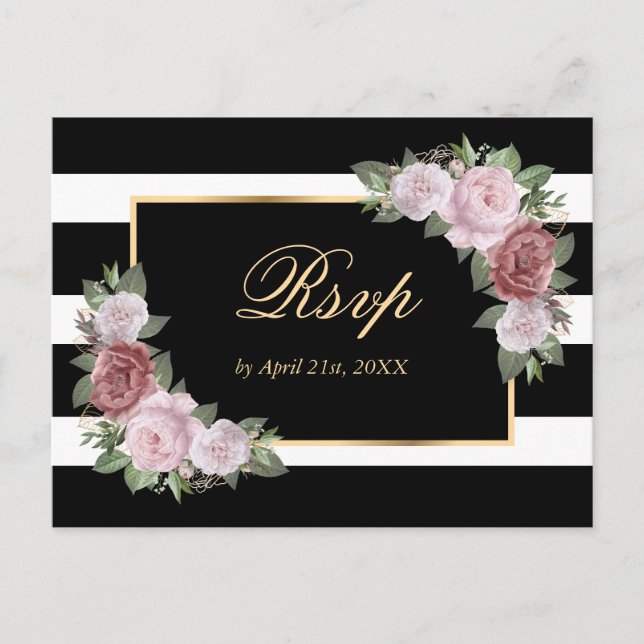Carte postale RSVP Black Gold Blush Floral Wedding (Devant)