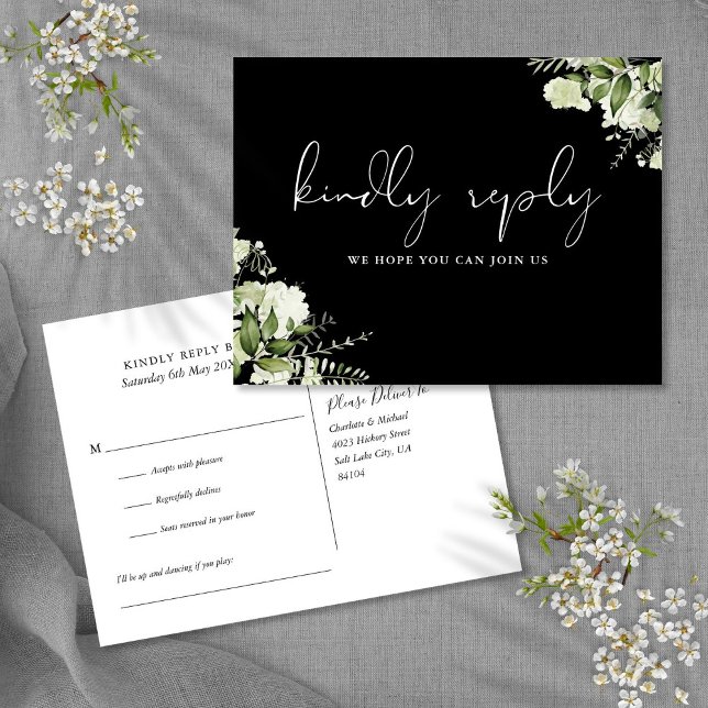 Carte Postale RSVP Black White Greenery (Black White Greenery Song Request RSVP Postcard)