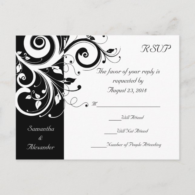 Carte postale RSVP Black +White Reverse Swirl Wedd (Devant)
