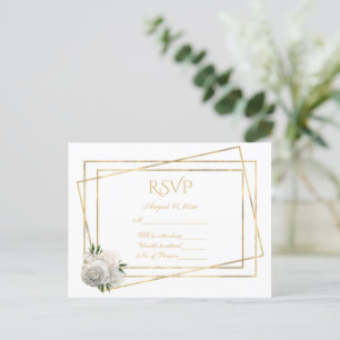 Carte Postale RSVP blanc et or avec des roses blanches