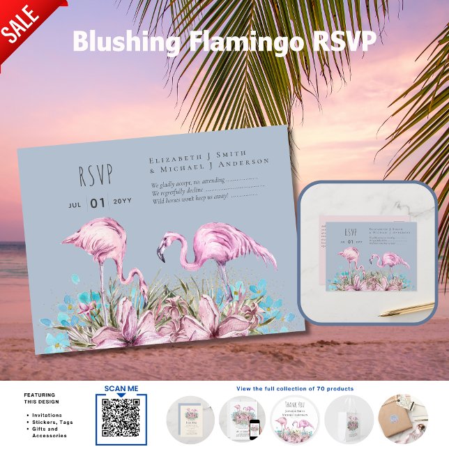 Carte Postale RSVP - Blushing Flamants roses Tropical Beach Wedd (Créateur téléchargé)