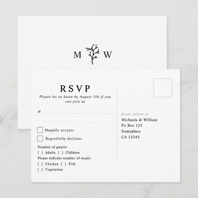 Carte Postale RSVP de mariage à monogramme botanique moderne (Devant / Derrière)