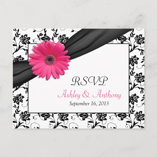 Carte postale RSVP de Mariage damassé Gerbera Dais (Devant)