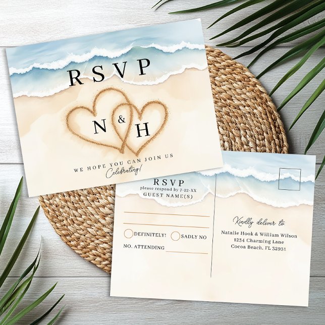 Carte postale RSVP de mariage de plage avec design (Wedding RSVP Postcard)