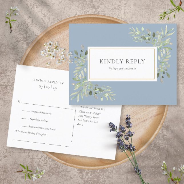 Carte postale RSVP Dusty Blue Greenery Wedding (Créateur téléchargé)