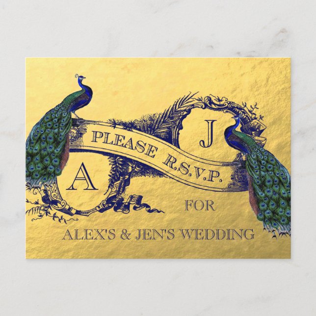 Carte postale RSVP Gold Foil Peacock Wedding (Devant)